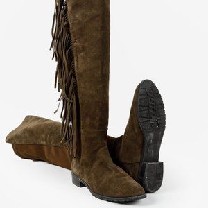 Stuart Weitzman 5050 Mane Fringe Olive Suede Leather OTK Boots